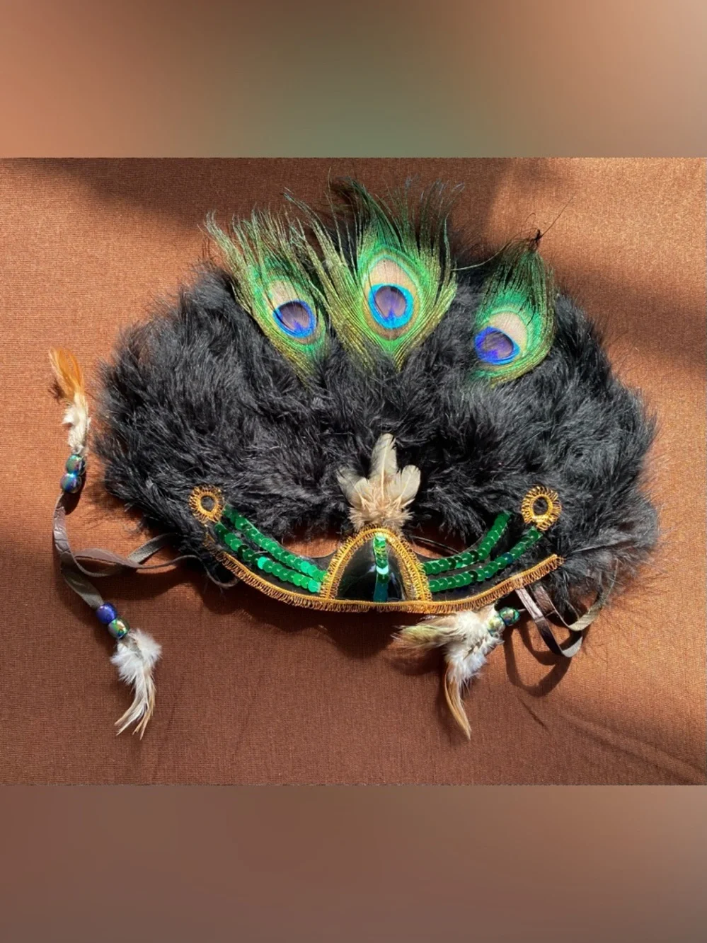 Feathered Peacock Mask with Green Sequin Accents